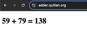 Browser at adder.quillan.org showing a live sum, 59 + 79 = 138, posted by the ESP32