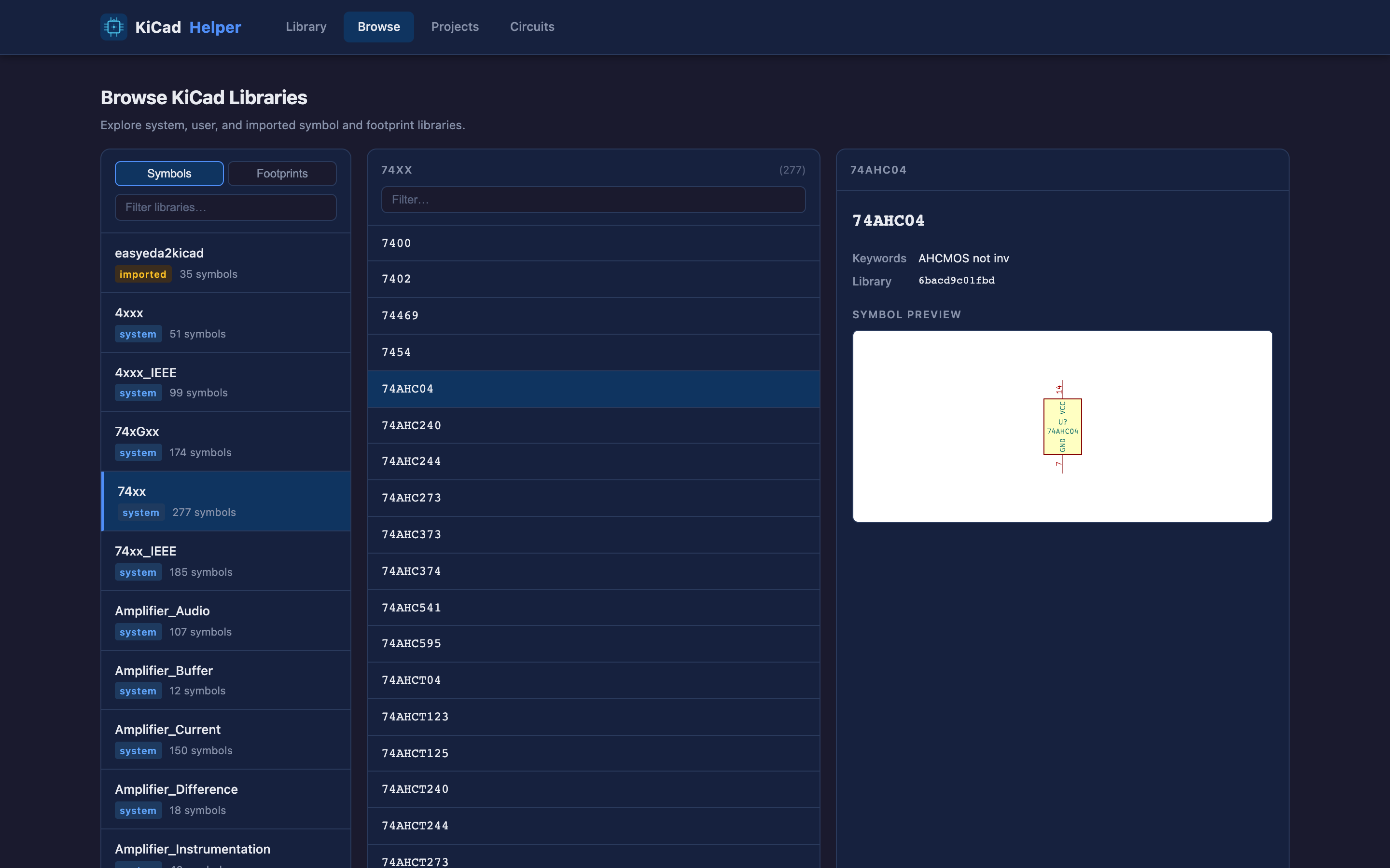 Library browser with system and imported libraries, symbol list, and a live symbol preview