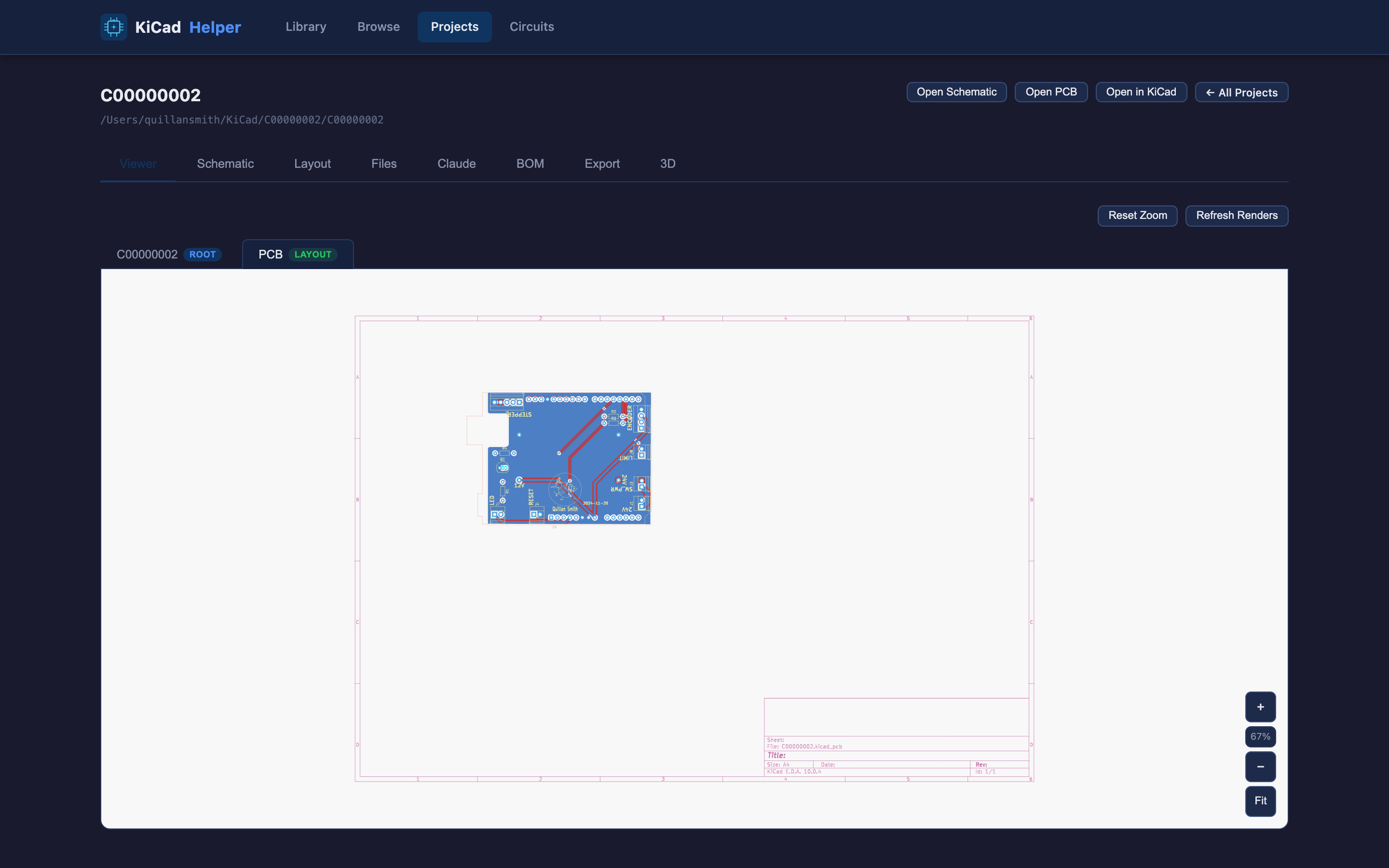 In-browser PCB layout viewer showing the board copper and silkscreen