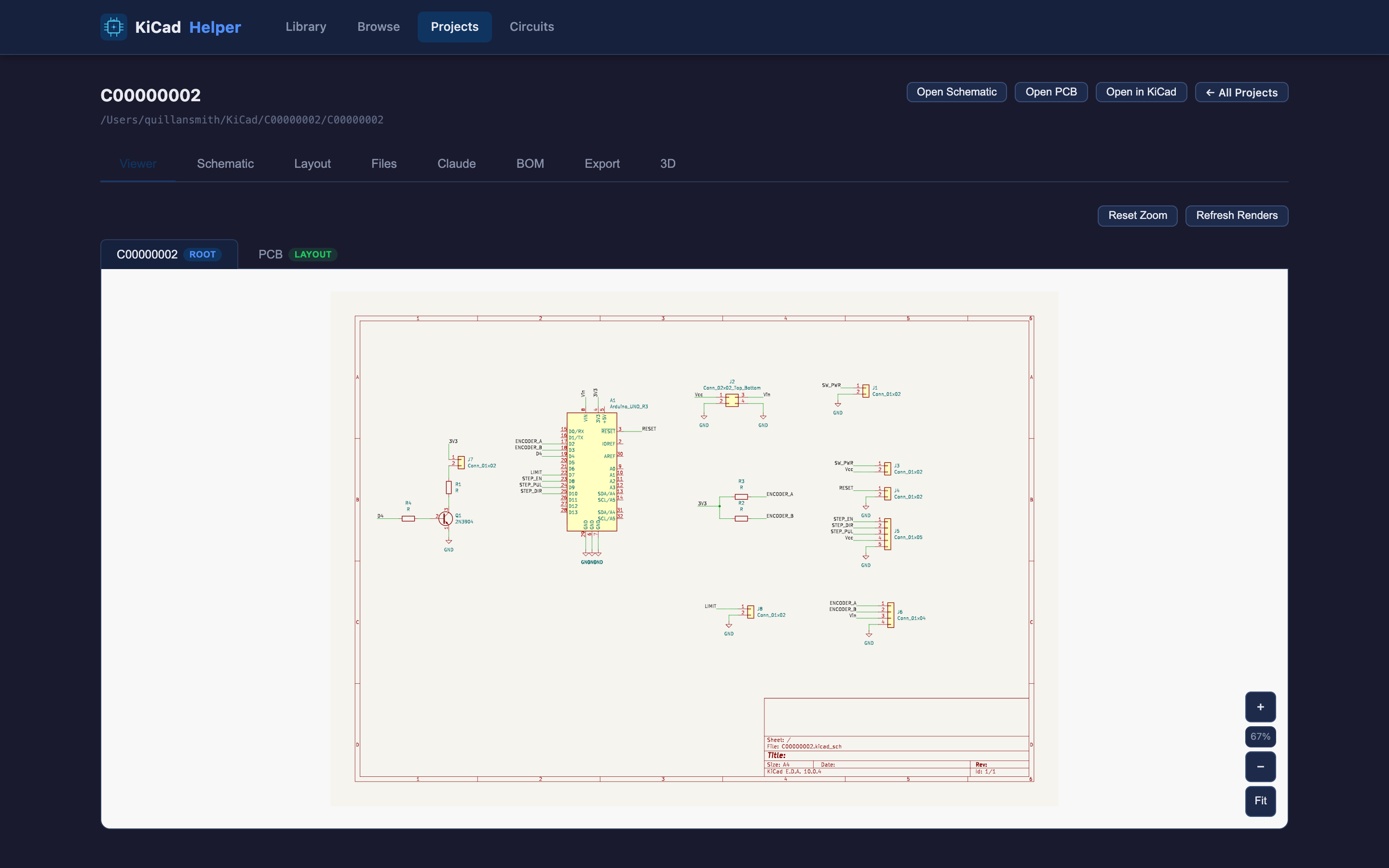 In-browser schematic viewer showing an Arduino-based control board