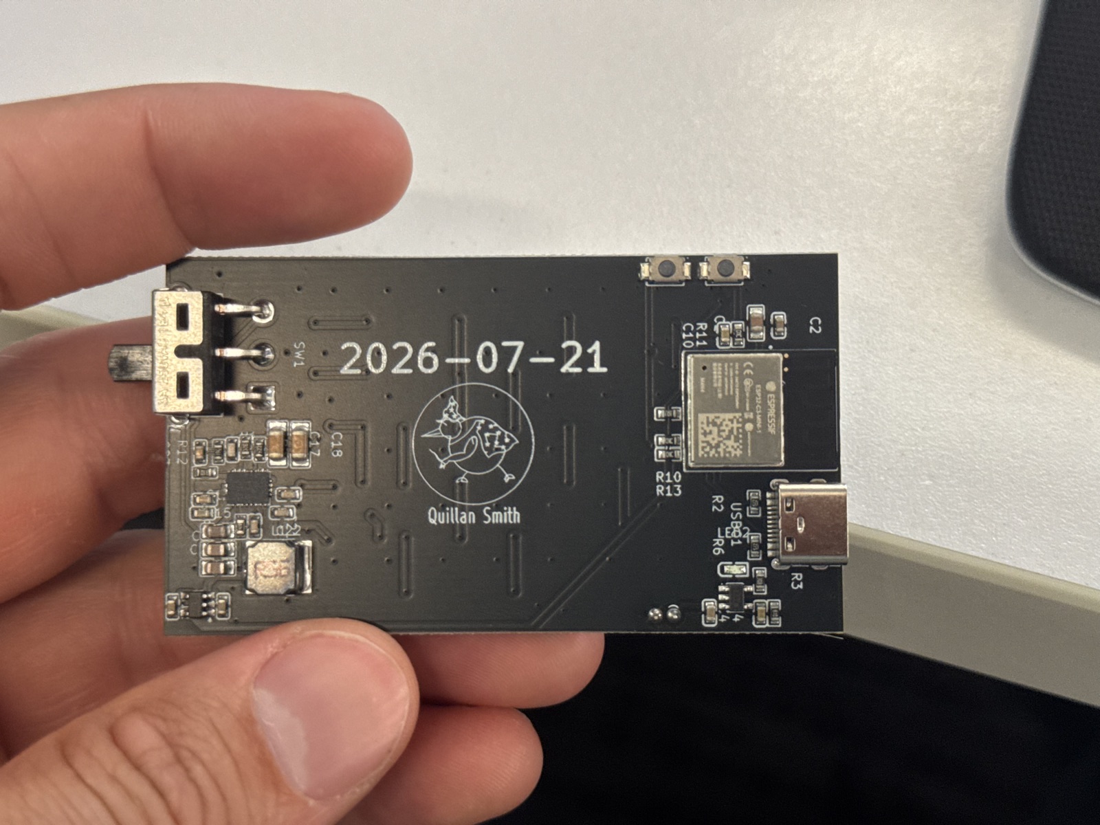 Back of the board, with the ESP32-C3, USB-C charging, slide switch, and power circuitry