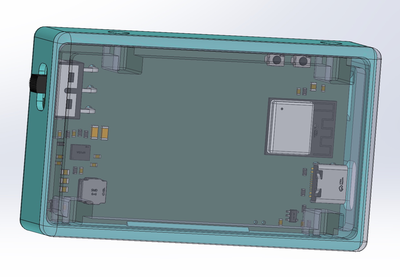 Transparent CAD view showing the PCB, USB-C port, and slide switch inside the enclosure