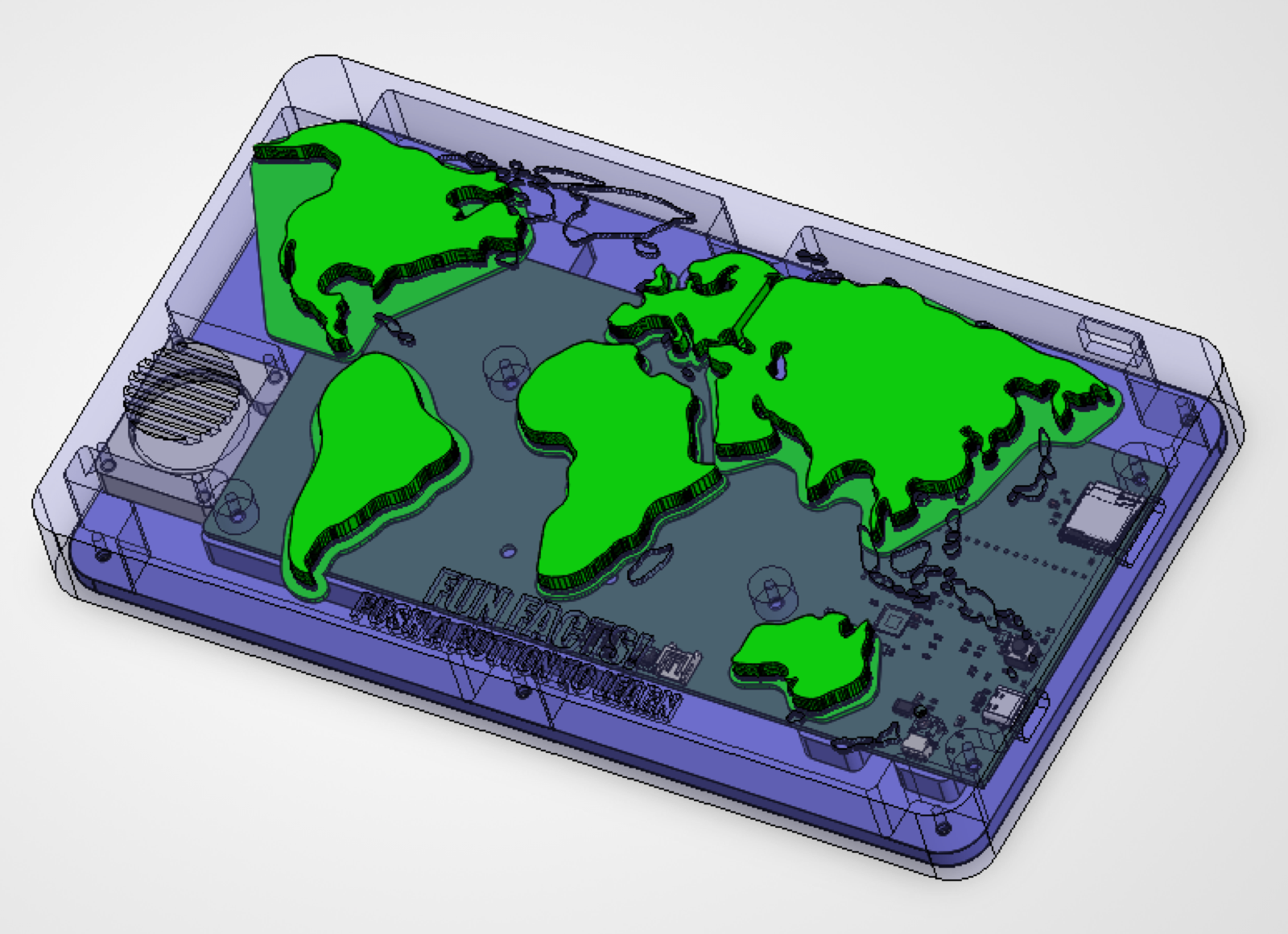 Transparent CAD view showing the PCB and speaker inside
