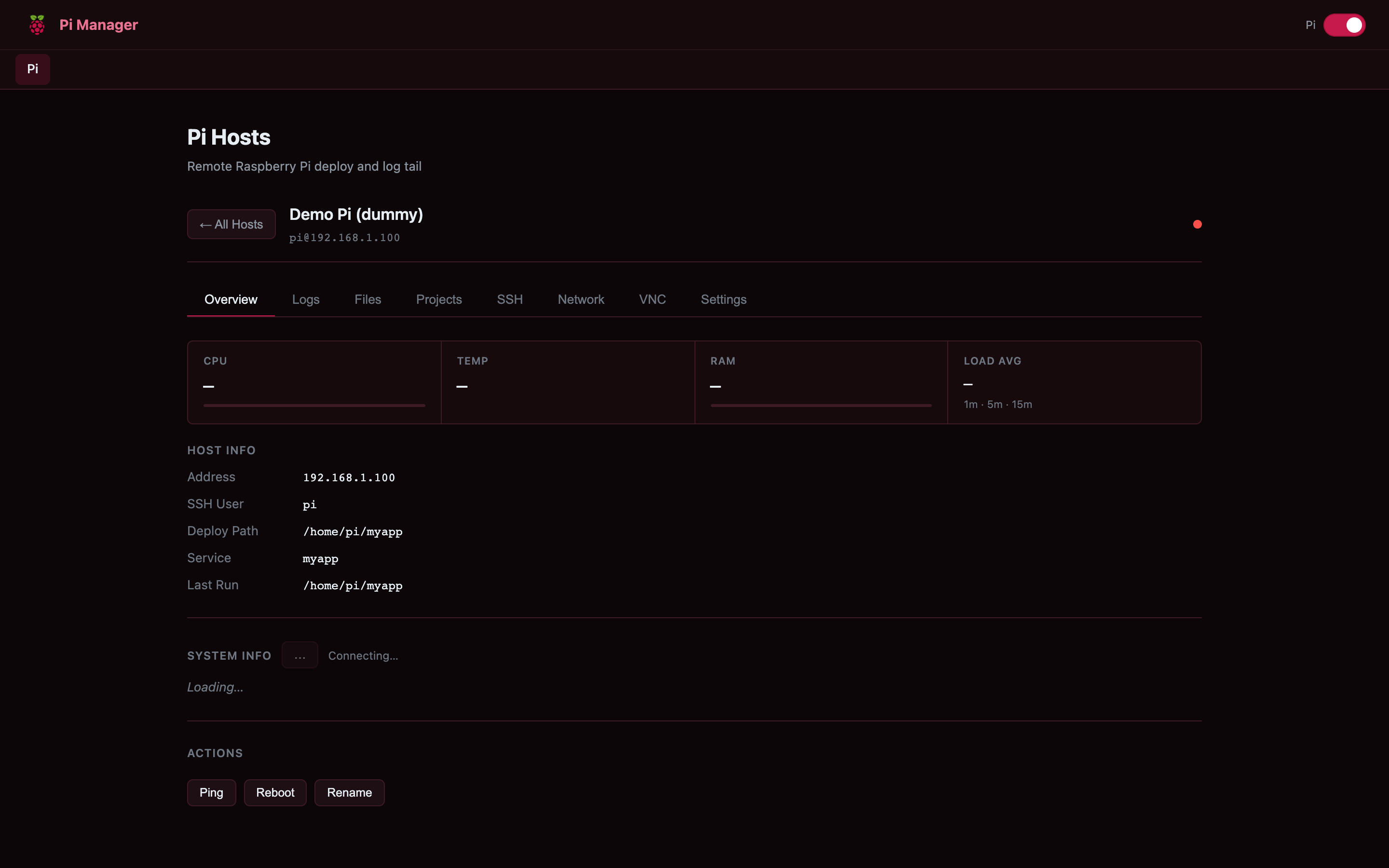 Pi Manager mode showing a Raspberry Pi host dashboard with CPU, temp, RAM, and load tiles, host info, and Overview/Logs/Files/Projects/SSH/Network/VNC/Settings tabs