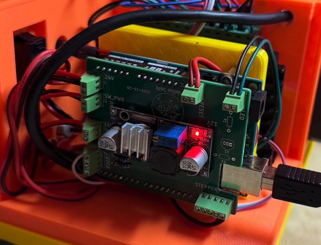 Populated control board and Arduino inside the 3D-printed enclosure