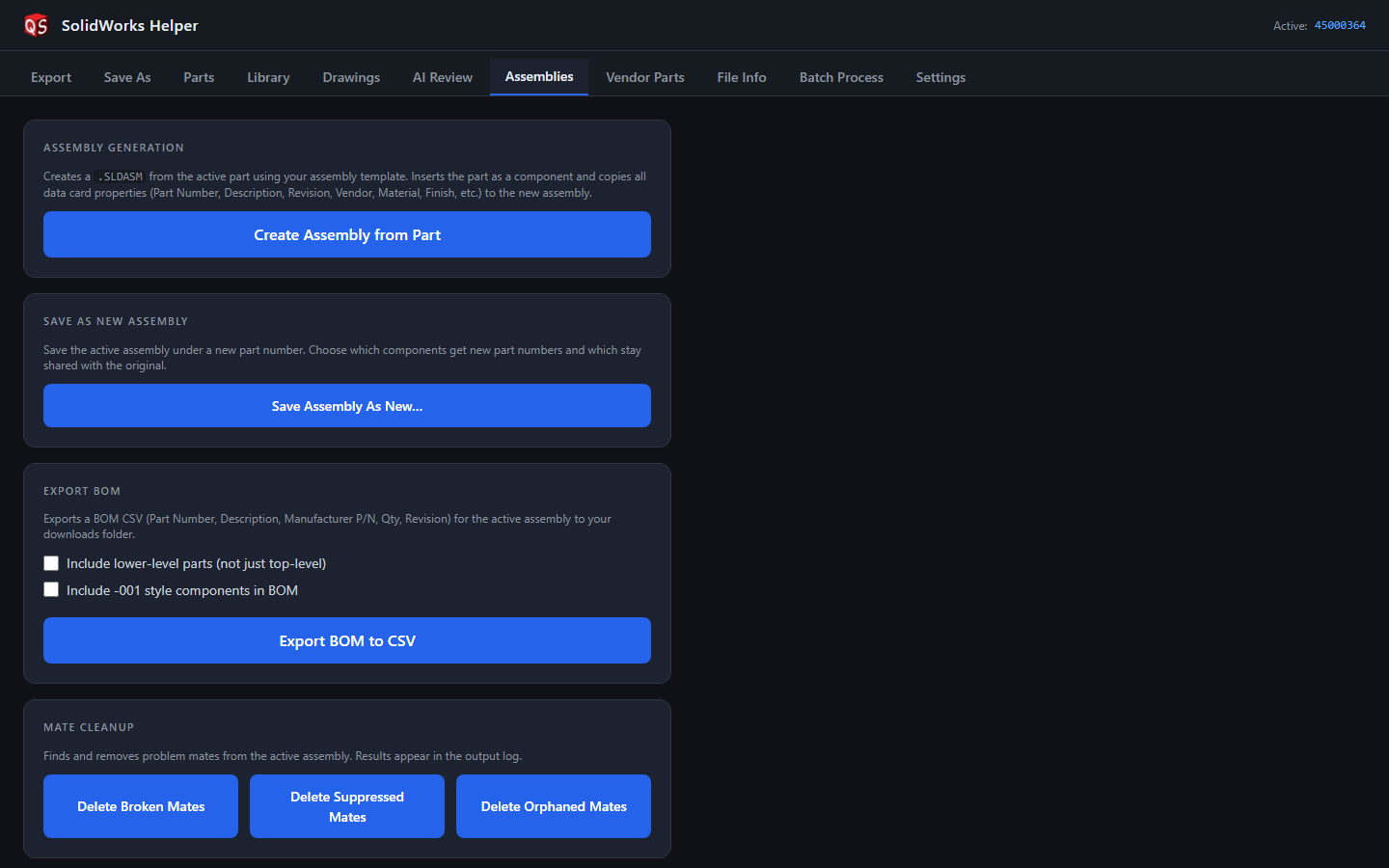 Assemblies page with assembly generation, save-as, BOM export, and mate cleanup